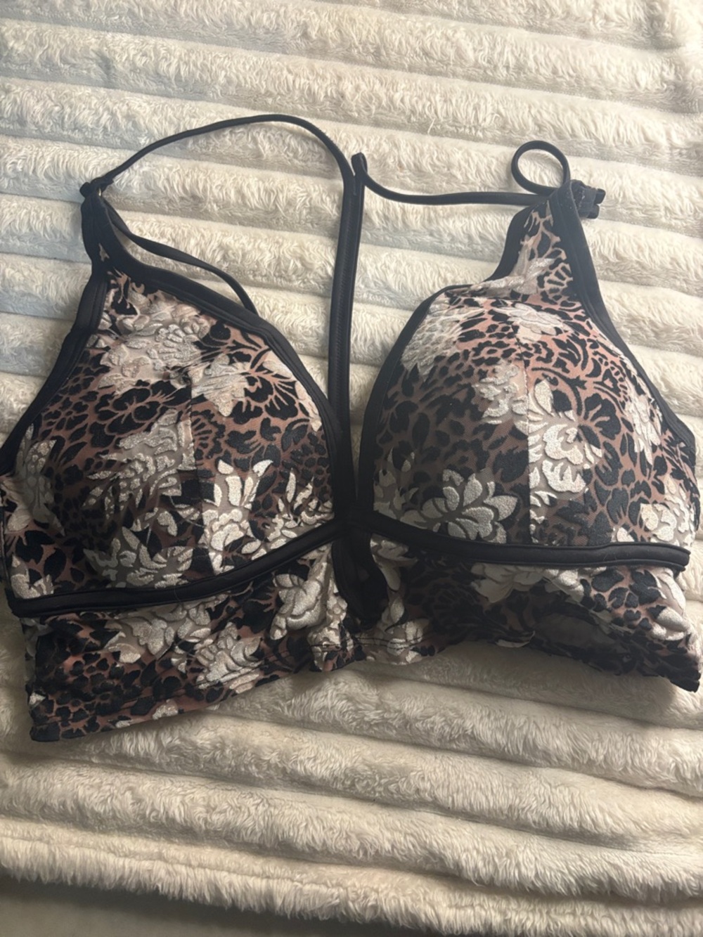 PINK Victoria's Secret Black and Brown Floral Lace Bralette with Cream Accents
